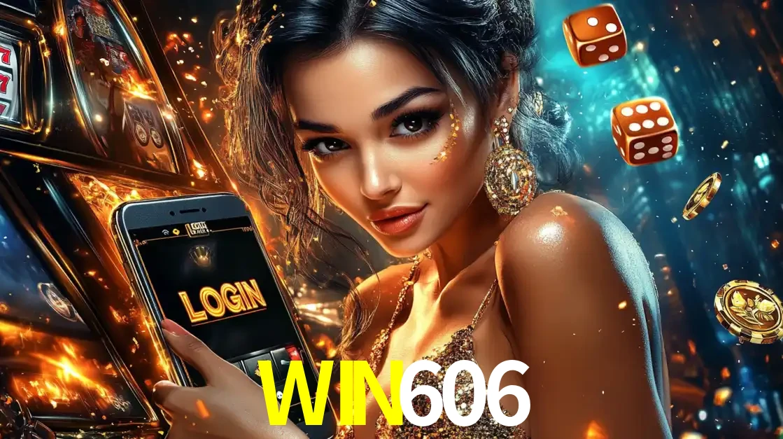 Mulher glamourosa segurando um celular com a tela de login do cassino WIN606, rodeada por dados e moedas douradas, pronta para começar a diversão.