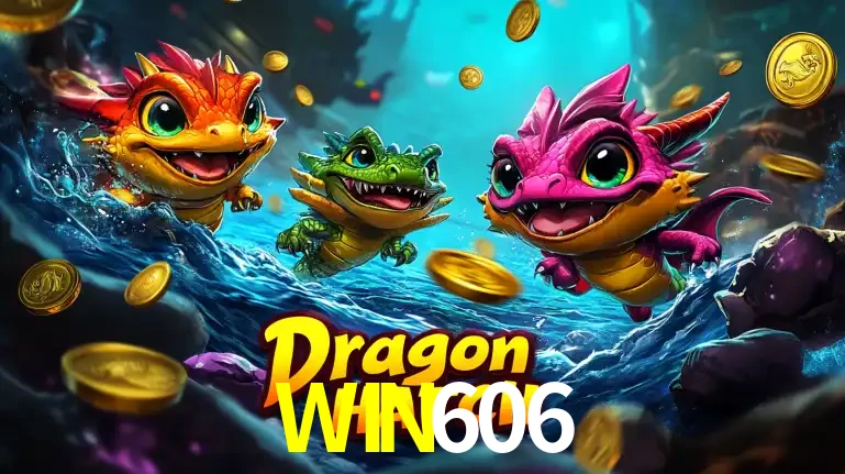 Arte promocional do jogo Dragon Hatch com três adoráveis dragões bebês nadando entre moedas de ouro, um dos slots mais divertidos para jogar no cassino WIN606.