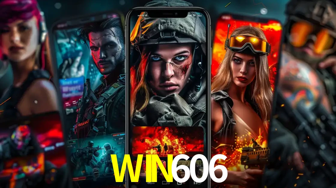 Montagem de telas de celular mostrando diversos personagens, masculinos e femininos, de um jogo de tiro, ilustrando a diversidade de equipes de e-sports para apostar no WIN606.
