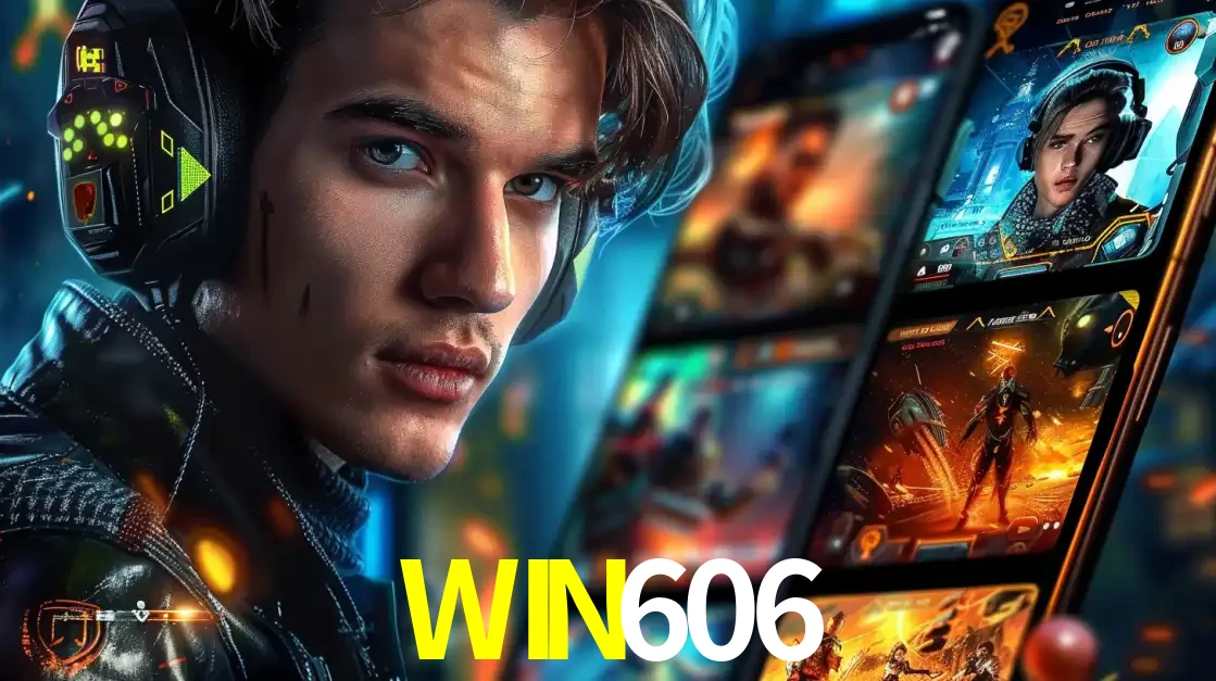 Jovem jogador com fones de ouvido olhando para a câmera, com um aplicativo de jogos e e-sports para celular ao fundo, pronto para a competição e apostas no WIN606.