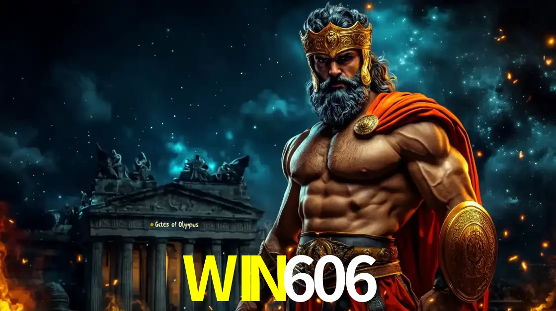 O poderoso Zeus do jogo de slot Gates of Olympus em frente ao seu templo, pronto para lançar multiplicadores divinos e prêmios épicos no cassino online WIN606.