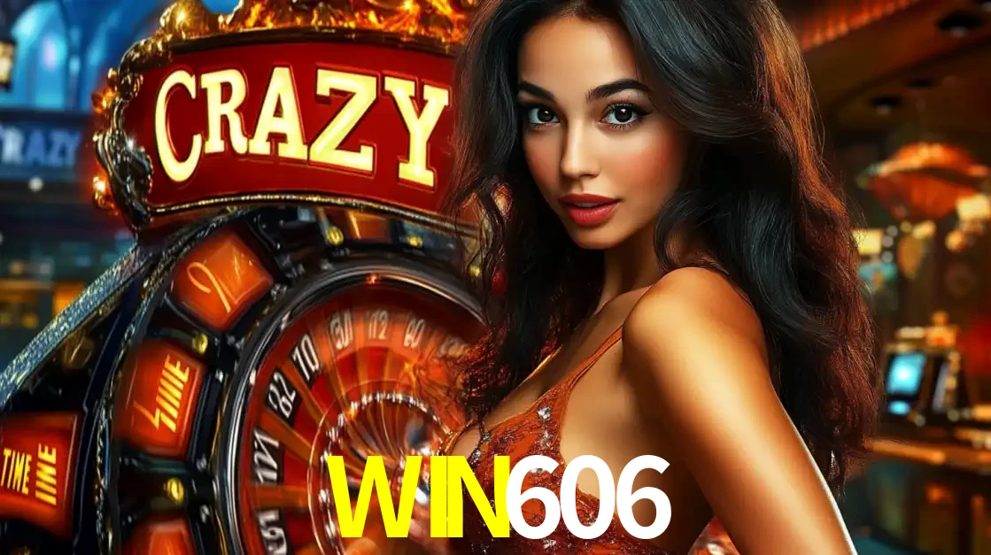 Mulher glamourosa olhando para a câmera com a roda vermelha do Crazy Time ao fundo em um ambiente de cassino, destacando a emoção dos jogos ao vivo no WIN606.