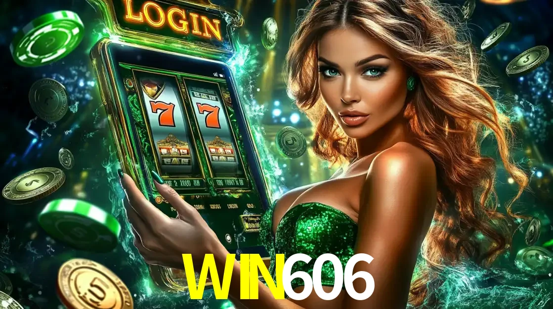 Mulher com tema verde apresentando o aplicativo do cassino WIN606 com um jogo de slot de 777, cercada por fichas de cassino e uma aura de sorte.