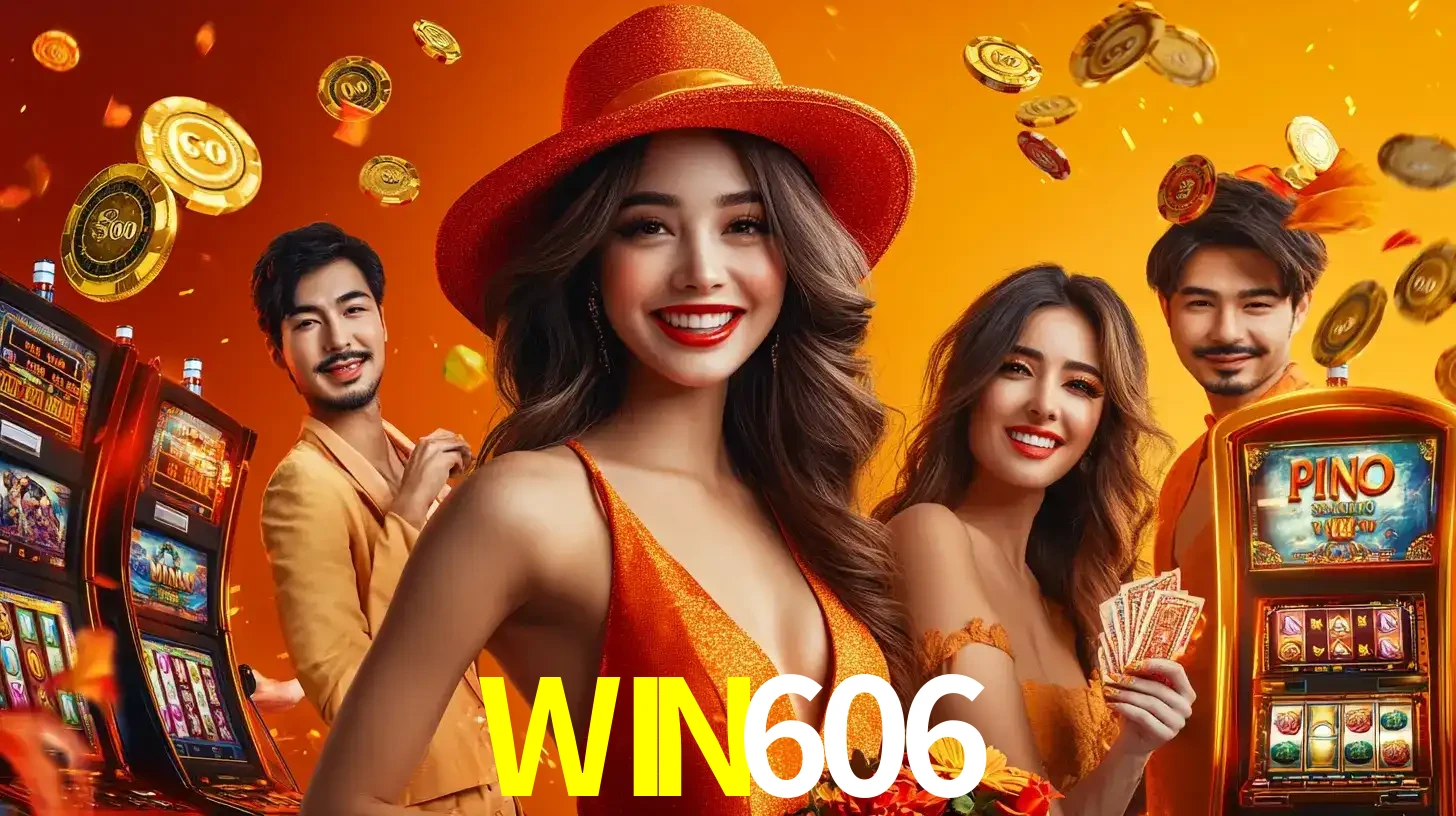 Grupo de amigos asiáticos sorrindo e se divertindo com máquinas de caça-níqueis em um ambiente festivo, celebrando suas vitórias nos jogos de cassino do WIN606.