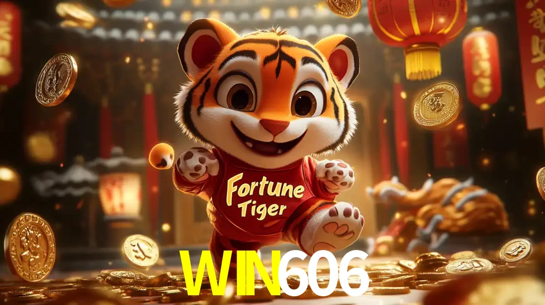 O alegre personagem do Fortune Tiger correndo sobre um caminho de moedas de ouro, simbolizando os grandes prêmios e a diversão do popular jogo de slot do WIN606.