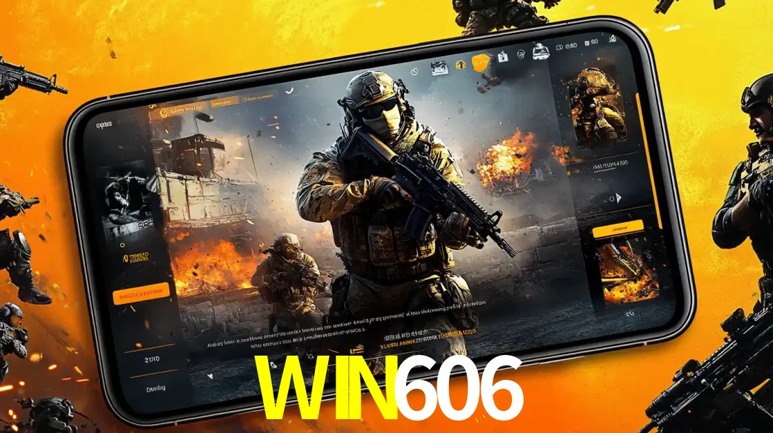 Um smartphone exibindo a interface de um jogo de tiro em primeira pessoa, com um soldado em um cenário de batalha, representando a ação dos e-sports para apostar no WIN606.