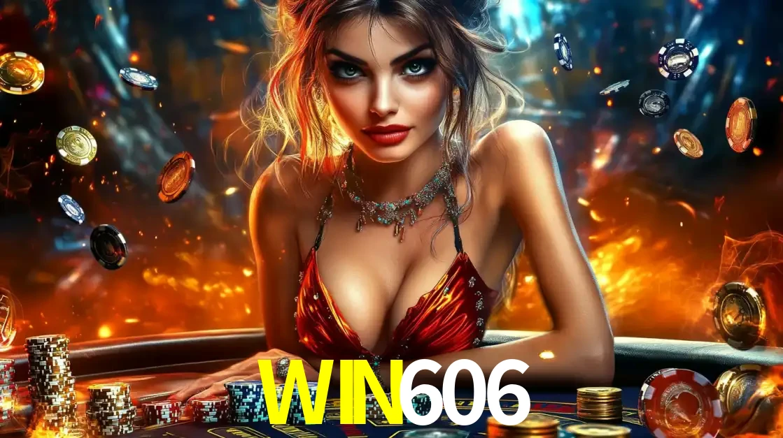 Mulher em uma mesa de cassino com pilhas de fichas e um fundo de fogo, pronta para uma rodada de altas apostas nos jogos de mesa emocionantes do cassino WIN606.