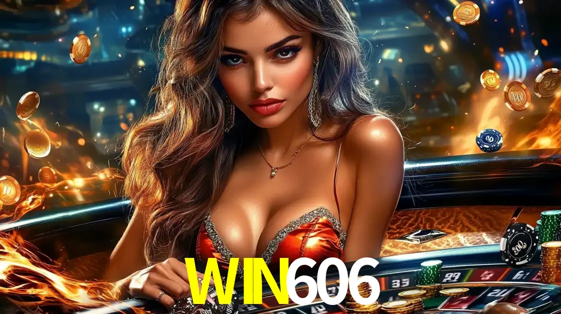 Mulher glamourosa em uma mesa de roleta com um fundo de chamas e moedas voadoras, pronta para fazer sua aposta e ganhar grandes prêmios no cassino ao vivo WIN606.
