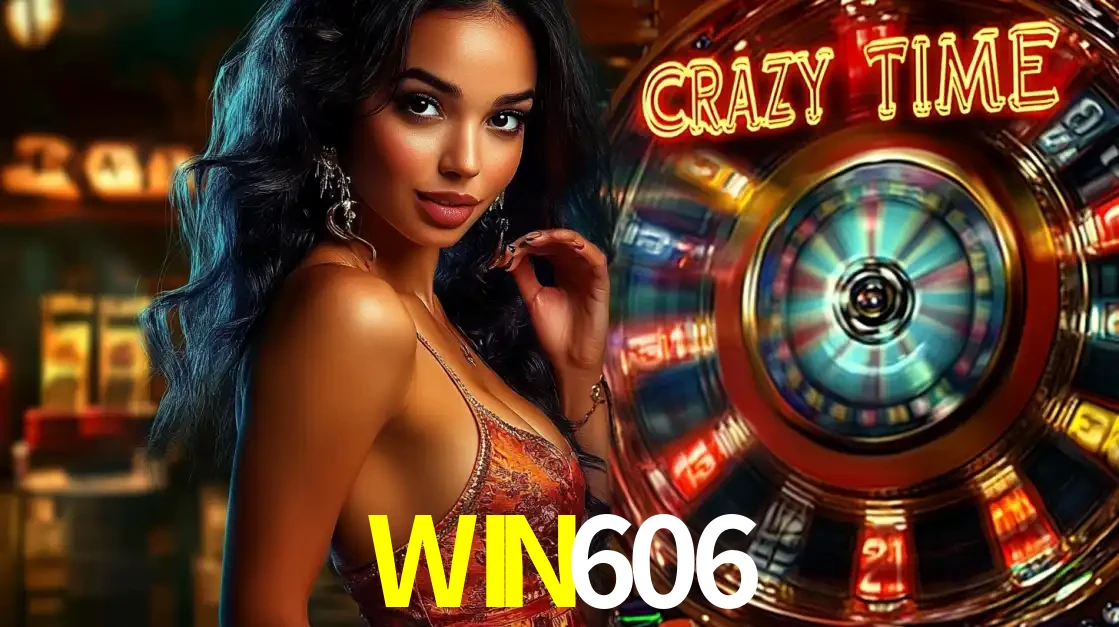 Mulher elegante ao lado da vibrante roda da fortuna do jogo de cassino ao vivo Crazy Time, um dos game shows mais populares e cheios de prêmios do WIN606.