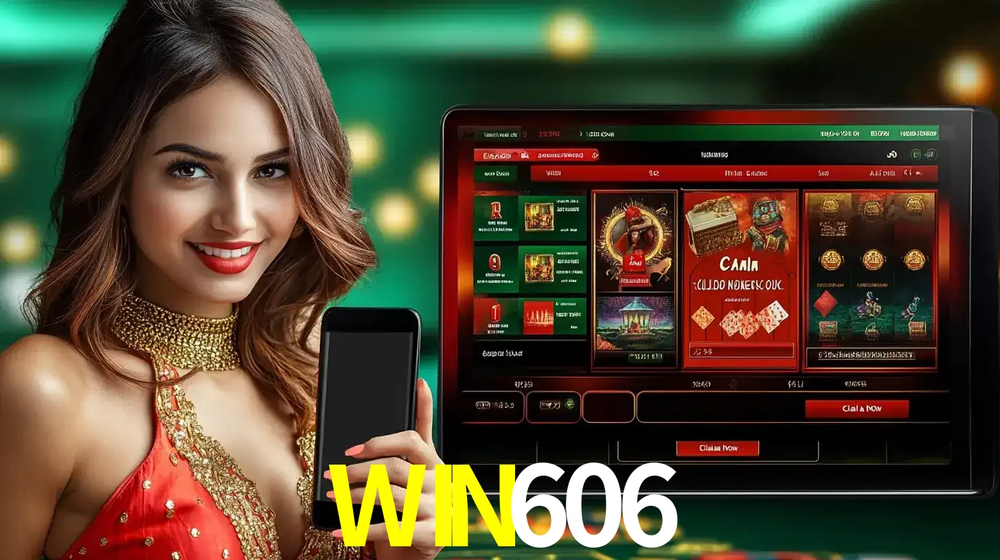 Mulher sorridente segurando um smartphone, ao lado de uma tela exibindo o lobby de jogos do cassino online WIN606, com várias opções de jogos de cartas e slots.